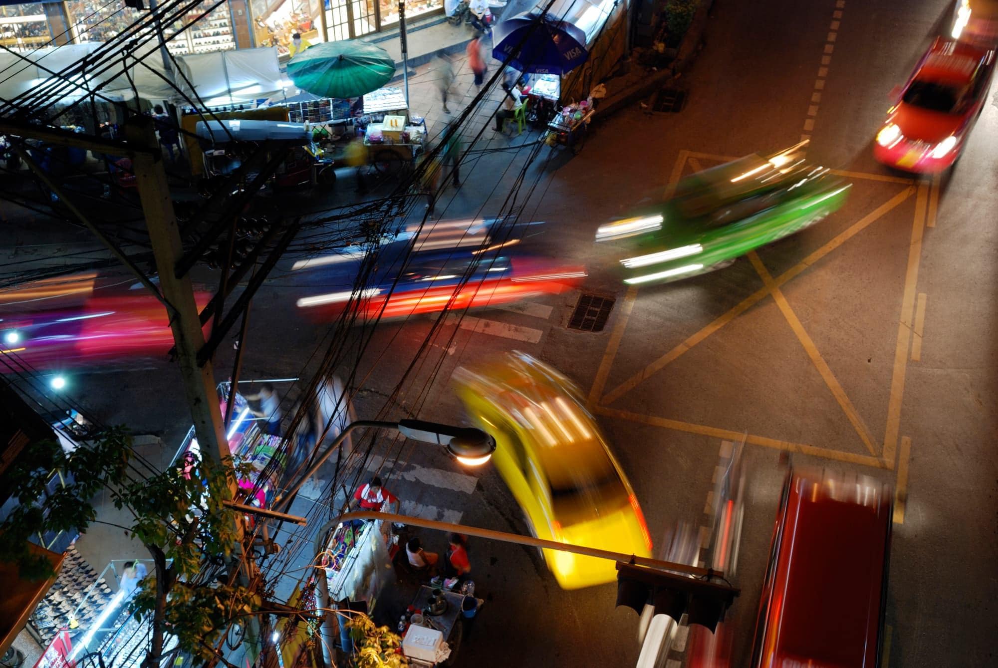 Aerial view of cars driving at night