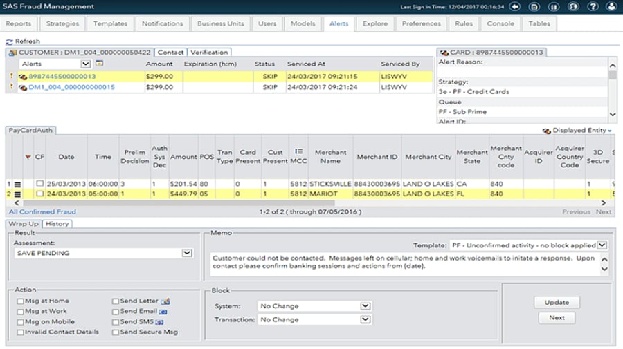 SAS Fraud Management showing alerts on desktop monitor