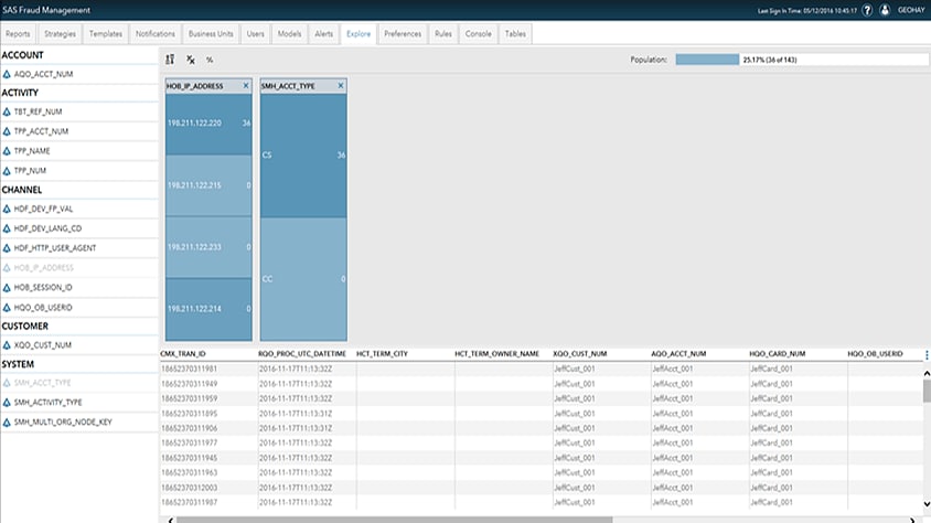 Screenshot of SAS Fraud Management showing risk based decisions