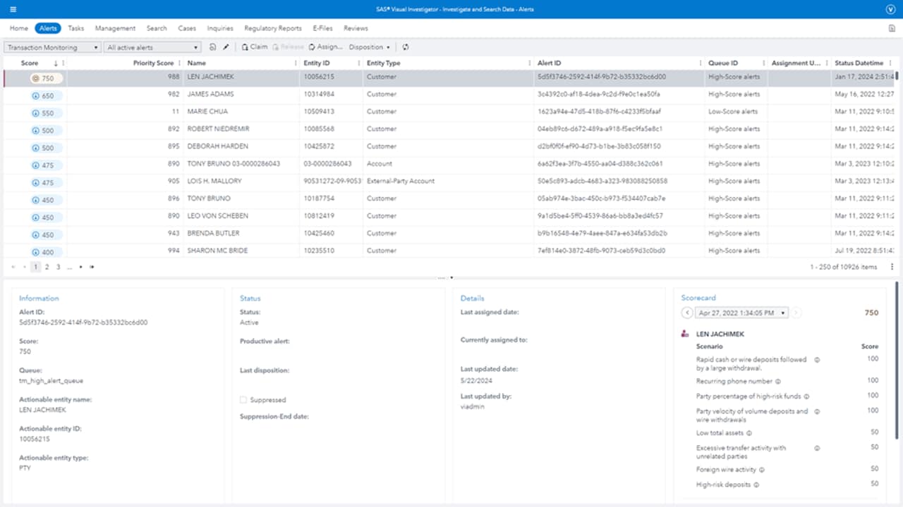 SAS Anti-Money Laundering screenshot showing Visual Investigator TM alerts