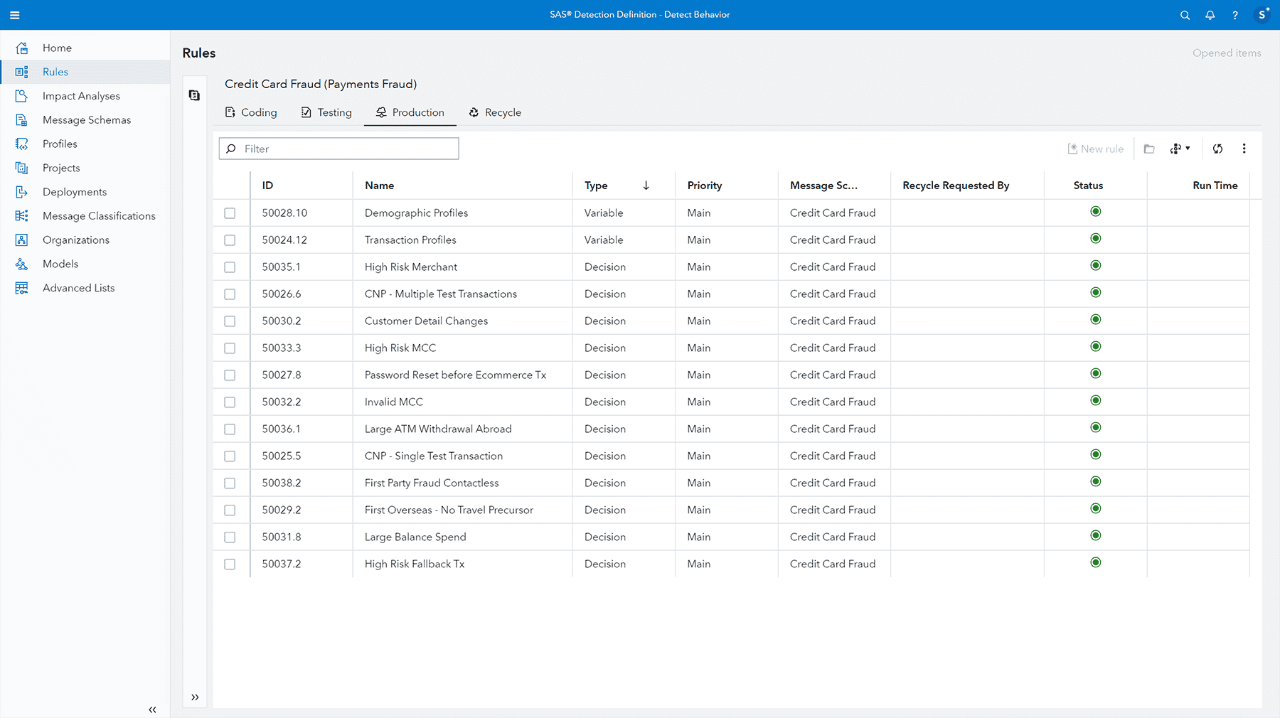 SAS Fraud Decisioning screenshot showing rules generation