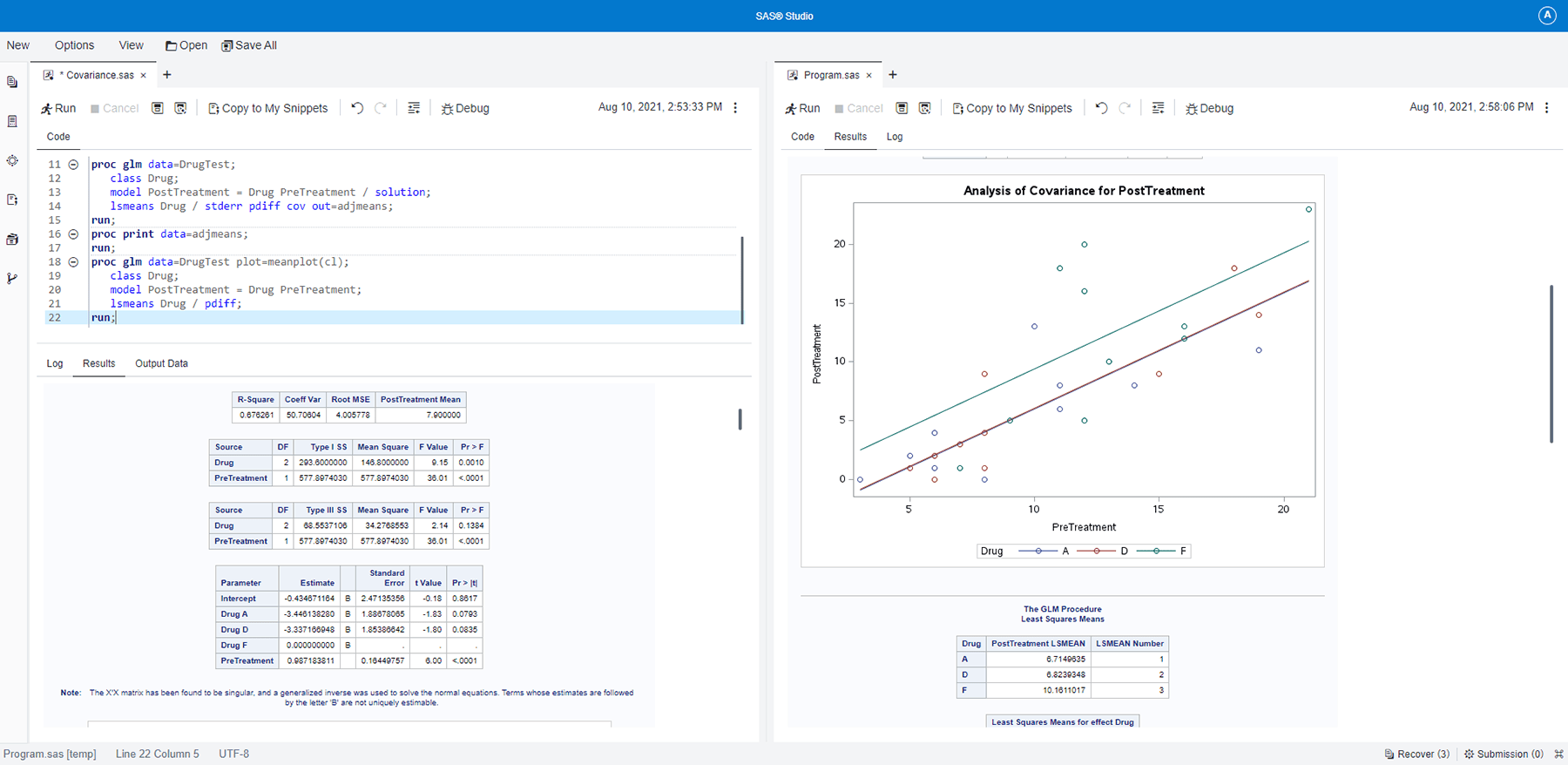 Screenshot of SAS Analytics Pro showing statistical code (GLM)