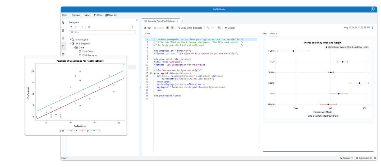 Screenshot of SAS Analytics Pro showing powerpoint snippet with graph highlight