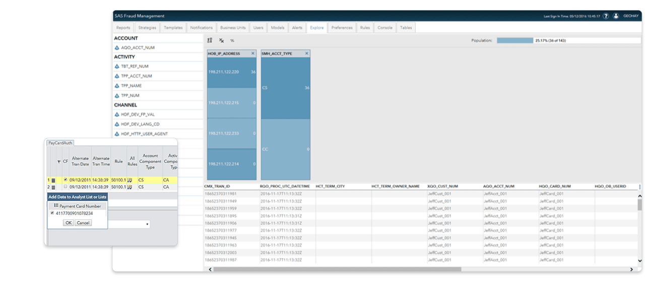 Screenshot of SAS Fraud Management with highlights