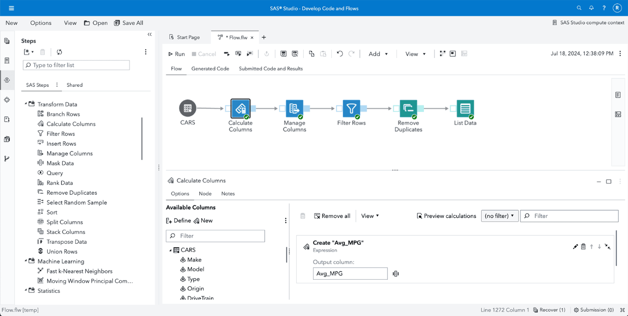 Screenshot of SAS Studio showing data preparation