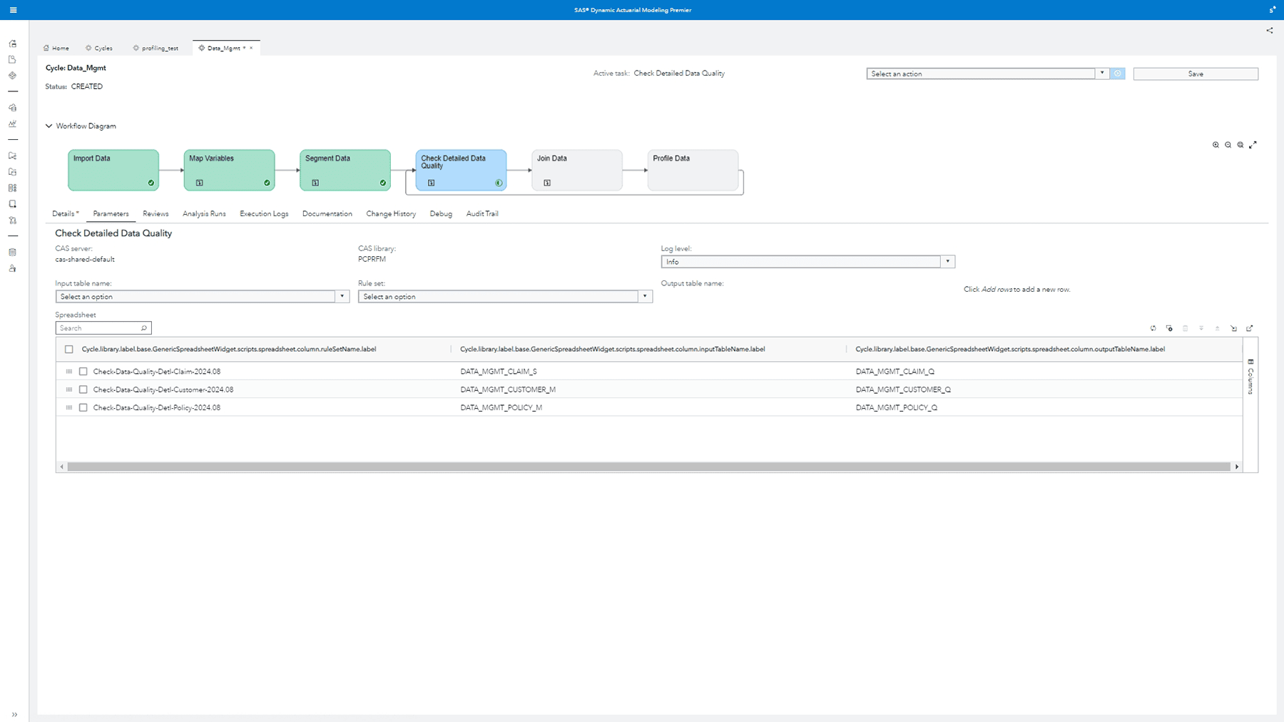 Screenshot of SAS Dynamic Actuarial Modeling showing data cleansing