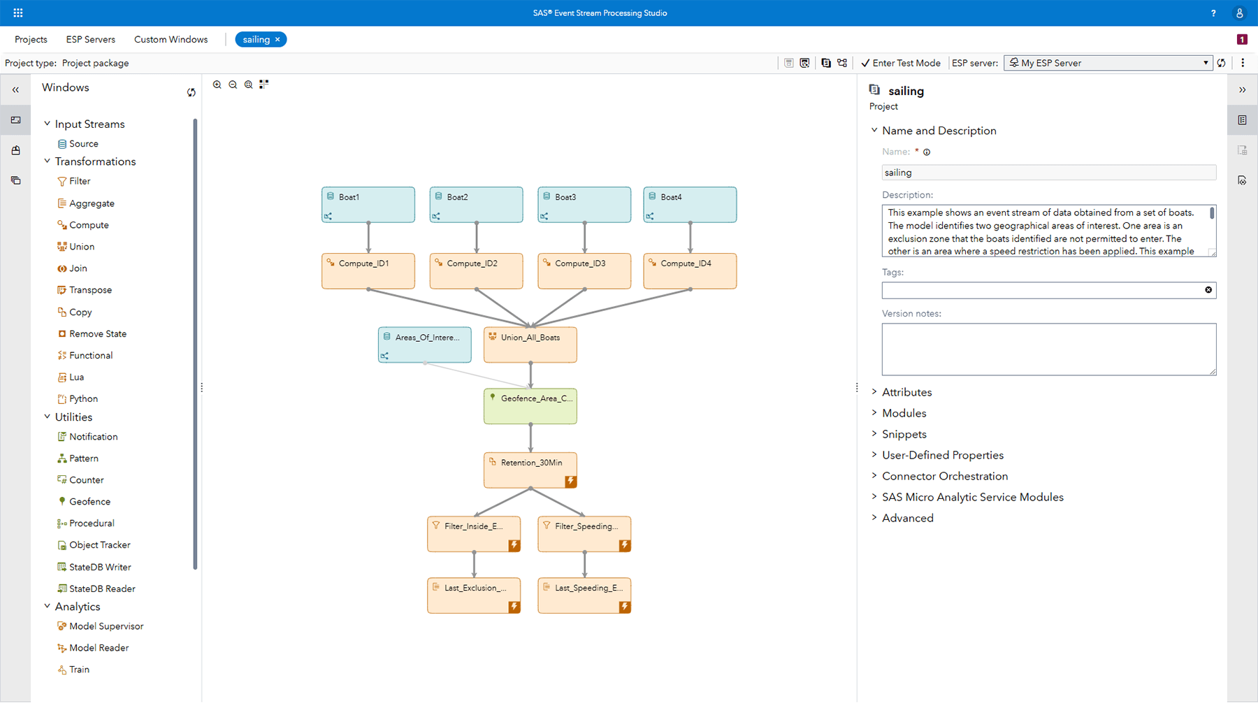 SAS Event Stream Processing studio data process flexibility screenshot