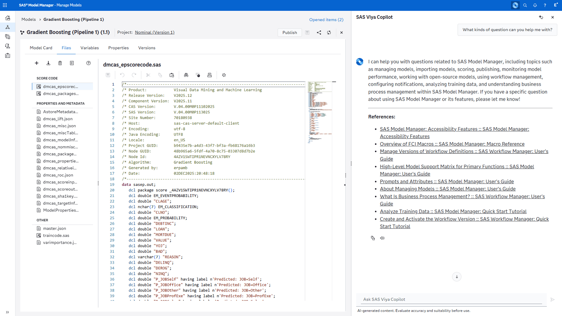 Screenshot of SAS Viya Copilot documentation RAG